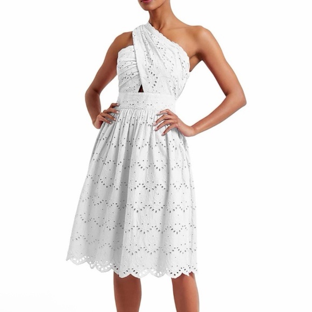 French Connection White One-Shoulder Eyelet Midi Dress